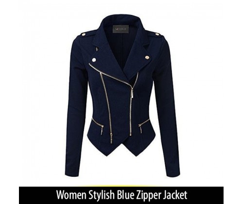 Women Stylish Blue Zipper Jacket